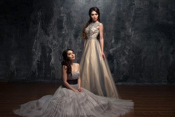Fashion beauty portrait of gorgeous young twins women with long curly hair in luxury evening dresses