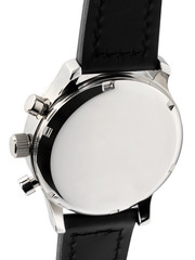 Silver metal wristwatch with black strap