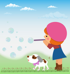 Cartoon little girl inflates soap bubbles next to a small dog, a Jack Russell. Material design