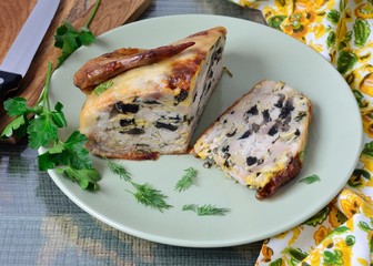 chicken stuffed with meat, mushrooms, spices, herbs, egg