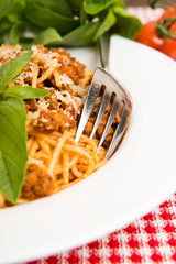 Pasta with meat, tomato sauce and vegetables