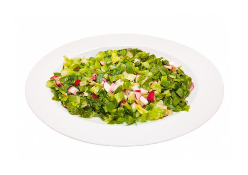 Lettuce and radish salad with olive oil isolated on white 