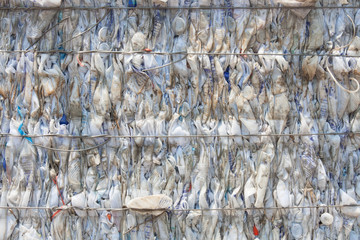 Plastic bottles pressed and packed for recycling