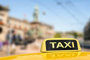 taxi for traveling with cityscape background