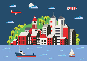 Obraz premium City illustration in a flat style of the buildings, houses, skyscrapers. For decoration and creativity in urban and industrial design theme.