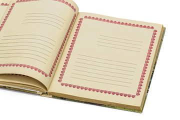 Open old notebook, isolated on white background