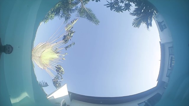 Man swims underwater over the camera in the pool with calm water surface