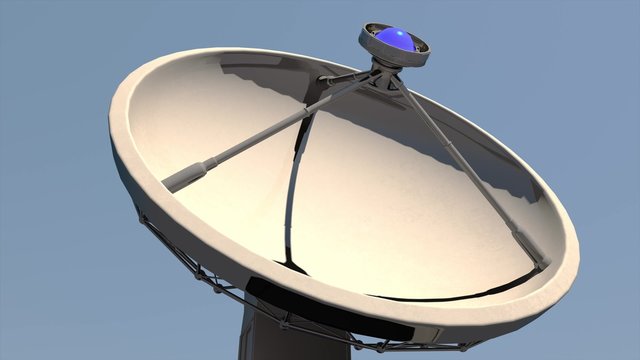 4K Radio Telescope Antenna Observatory Array, Dish rotating towards clean blue daytime sky 