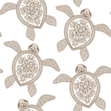 Seamless pattern with turtles. Indian mehendi style