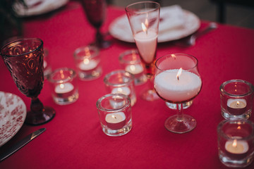 Wedding. Banquet. Marsala. At the banquet table with a tablecloth