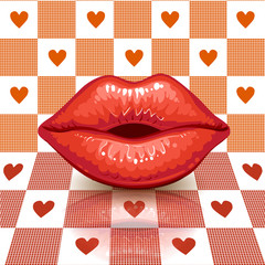Beautiful glossy female lips.Hearts & Gingham three-dimensional pattern. Valentine's card .
