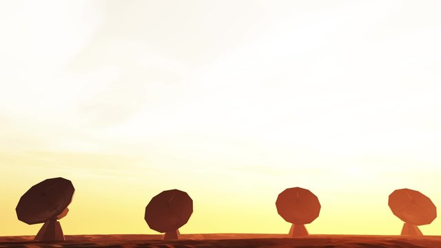 4K Radio Telescope Antenna Observatory Arrays, Dishes rotating under cloudy sky in the Sunset Sunrise 3D Animation
Concept for science, space/astronomical observation and technology.