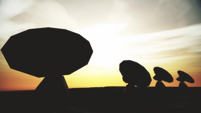 4K Radio Telescope Antenna Observatory Arrays, Dishes rotating under cloudy sky in the Sunset Sunrise 3D Animation
Concept for science, space/astronomical observation and technology.