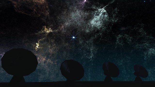 4K Radio Telescope Antenna Observatory Arrays, Dishes rotating at Night under Wonderful Nebula Clouds 3D Animation