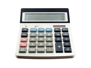 single white digital calculator with blue tax calculate button and zero number on screen isolated on white background, solar power office supplies for calculating in business finance or education