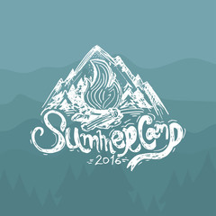 Hand-Drawn vintage lettering label with mountains, forest and su