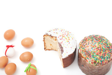 Two Easter and eggs on white background