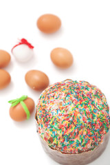 Easter cake and Easter eggs on white background