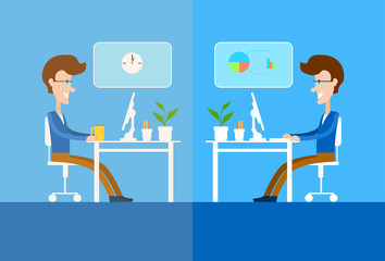 Two Business Man Sitting Office Desk, Businessman Working Place