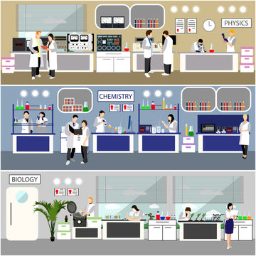 Scientist working in laboratory vector illustration. Science lab interior. Biology, Physics and Chemistry education concept. 