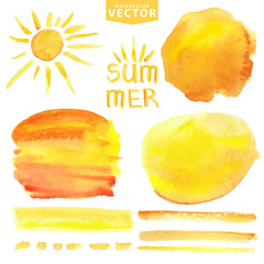 Watercolor splash,brushes,sun.Yellow Summer set