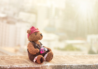 cute teddy brown bear hanging a camera standing outdoor