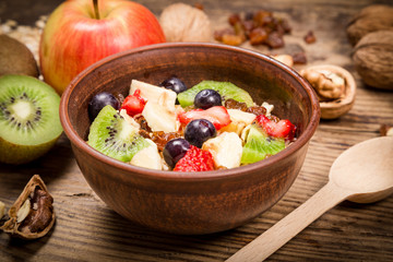 Morning breakfast with oatmeal and fruits