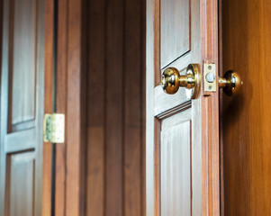 golden doorknop on the wooden door