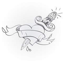 Heart pierced by a dagger. Black and white sketch of a tattoo.