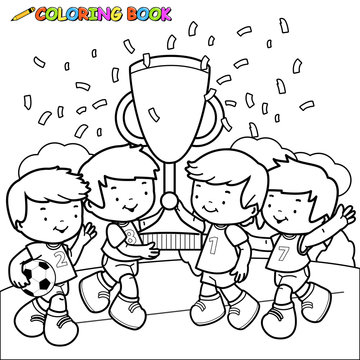 Soccer player boys cheering and holding the championship trophy at the football field. Vector black and white coloring page.