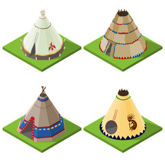 Set of nice looking bright isometric indian wigwams and tents. Vector illustration.