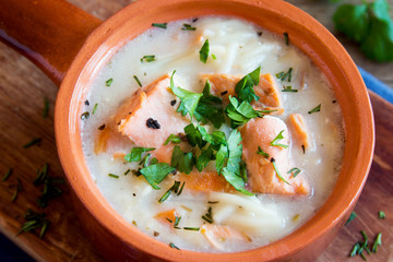 Salmon soup with noodles