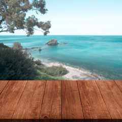 Beautiful view of the Mediterranean Sea over old dark wooden tab