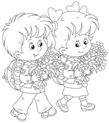 Schoolchildren going to school with their schoolbags and flowers