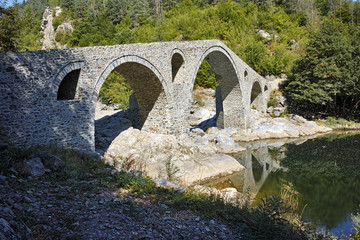 Fototapeta na wymiar Amazing Reflection of The Devil's Bridge in Arda river and Rhodopes mountain, Kardzhali Region, Bulgaria