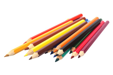 Drawing supplies: assorted color pencils, isolated on white background