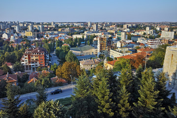 Fototapeta na wymiar Panoramic view of City of Haskovo from Monument of Virgin Mary, Bulgaria
