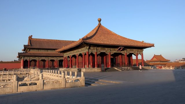 Hall of Central Harmony (foreground) & Hall of Preserving Harmony in Forbidden City. Beijing