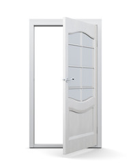 Door with glass isolated on white background. 3d rendering. Interior door with glass insert, open.