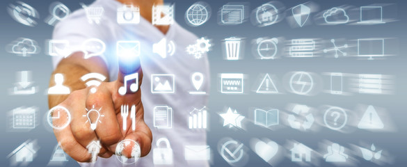Businessman using digital tactile screen interface with web icon