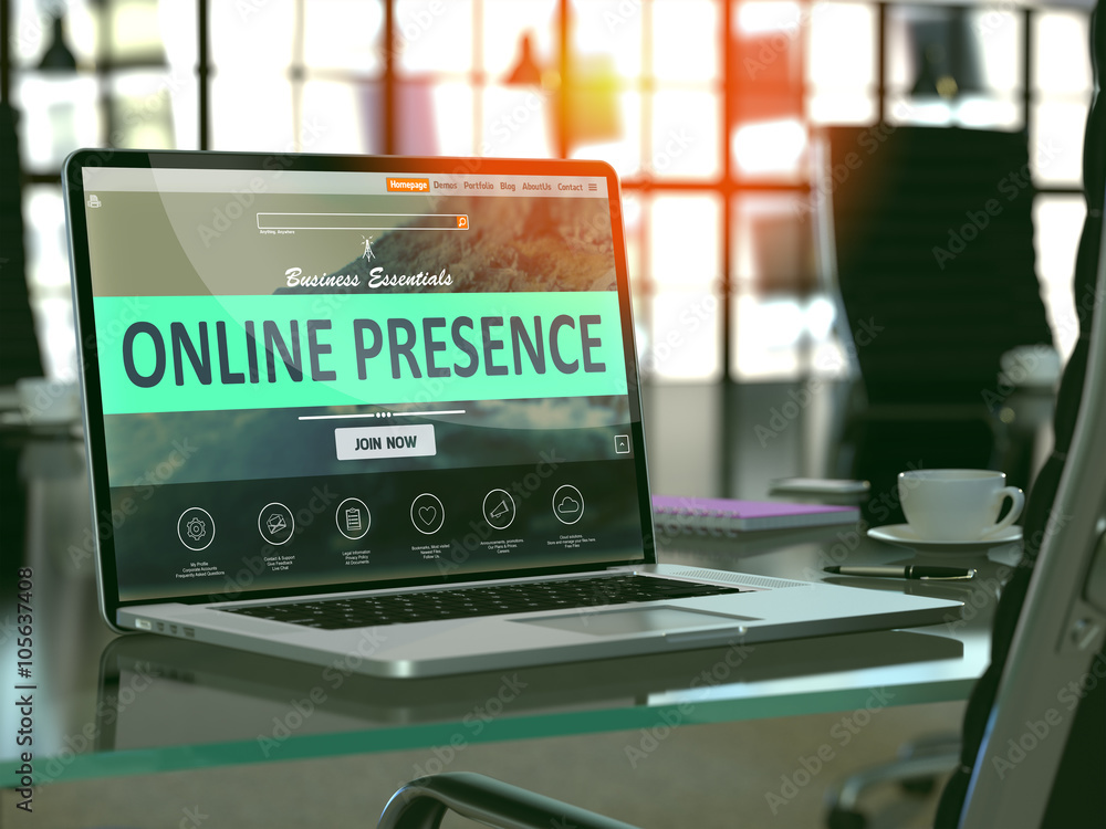 Poster modern workplace with laptop showing landing page with online presence concept. toned image with sel