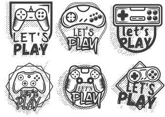 Vector set of video game play joystick in vintage style. Gaming concept.