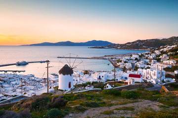 Traditional windmill over the town of Mykonos, Greece.