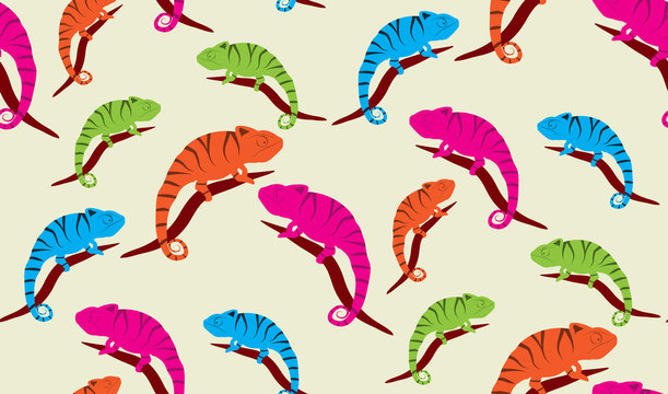 Vector seamless background of chameleons. Chaotic chameleons on the branches
