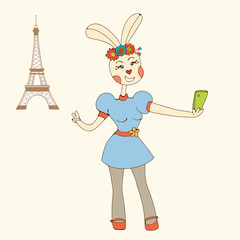 Sexy rabbit girl taking Selfie Photo On Smart Phone