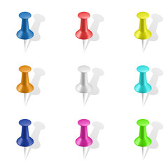 Set of push pins in different colors. Thumbtacks.  Vector illustration. Isolated on white background. Set icon. Pin set. Thumbtack vector set. Driving design. Isolated image.