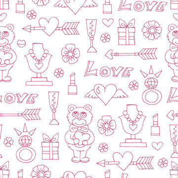 Vector seamless pattern with hand drawn symbols of love on white
