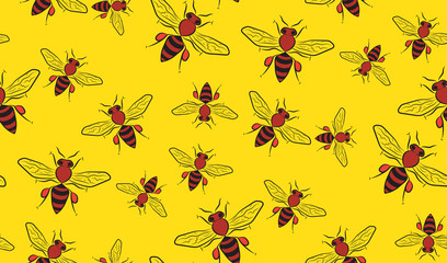 Vector seamless background of bees. Chaotic bees