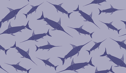 Vector seamless background of swordfish. Chaotic swordfish