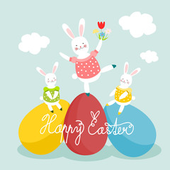 Easter rabbits on eggs, Easter greeting card, vector illustration